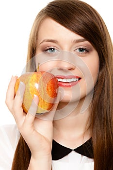 Diet. Girl offering apple seasonal fruit.
