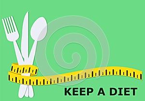Diet and healhty eating concept poster with fork, knife, spoon,