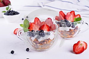 Diet healthy dessert with yogurt, granola and fresh berries.