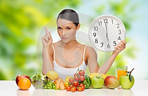 Woman with food and clock showing six