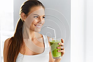 Diet. Healthy Eating Woman Drinking Juice. Lifestyle, Food. Nutrition Drinks. photo