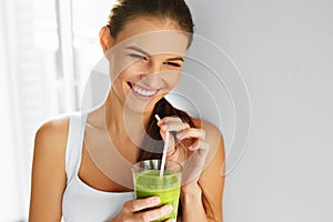 Diet. Healthy Eating Woman Drinking Juice. Lifestyle, Food. Nutrition Drinks.