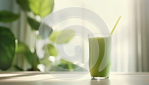 Diet and healthy green smoothie in glass for morning breakfast or snack on wooden table against green plant and window