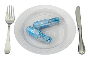 Diet and healthy meal concept. Plate with zinc Zn capsules, 3D r