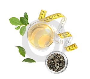 Diet herbal tea, measuring tape, dry and fresh leaves on white background