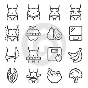 Diet icon illustration vector set. Contains such icons as Body, Diet, Skinny, Fat, Weight loss, Overweight, Fitness, and more. Exp