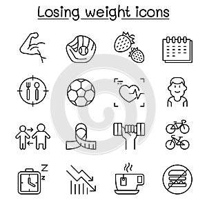 Diet, Losing weight, fitness, healthy lifestyle icon set in thin line style