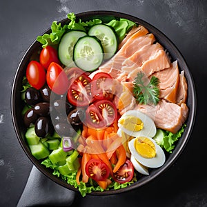 Diet lunch bowl with salted salmon fish, cucumber, olives, tomatoes, green lettuce salad and chicken eggs. Top view. Genrative AI