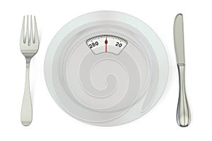 Diet meal concept. Plate with weight scale, 3D rendering