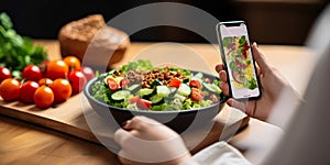 Diet Monitoring Woman Checks Calorie Counter App During Meal