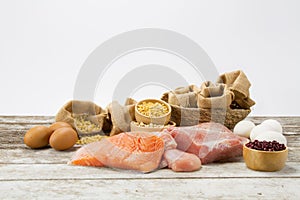 Diet and Nutrient foods on wooden table photo