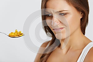 Diet. Nutrition. Vitamins. Healthy Eating. Woman With Fish Oil O
