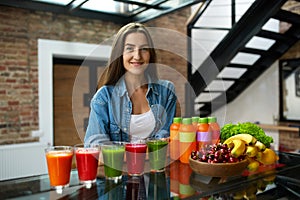 Diet Nutrition. Woman With Fresh Juice Smoothie In Kitchen