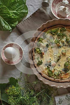 Diet pie, on a shortbread crust with broccoli, drenched in cheese sauce