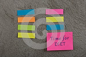 Diet plan concept - Many colorful sticky note with words fitness, organic, weigh loss, green energy, gluten free, lactose free,