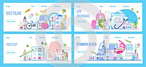 Diet plan, life insurance, pcr test, stomach ucler concept vector set for medical website, landing pages. Life, healthcare photo