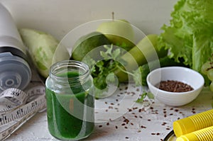 Diet plan, menu or program, tape measure, water and diet food, weight loss and detox concept, top view, green vegetables