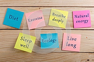 Diet plan and motivation be healthy concept - Many colorful sticky note with words diet, exercise, breathe deeply, natural energy