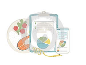 Diet plan. Nutrient counting checklist program. Healthy food meal tracking concept. Weight loss control. Vector flat illustration