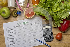 Diet plan, tape measure, water, diet of fresh fruits on the wooden floor