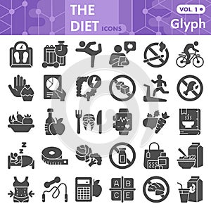 Diet solid icon set, Health food symbols collection or sketches. Fitness glyph style signs for web and app. Vector