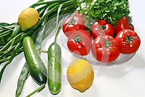 Diet vegetables tomatoes cucumber parsley onion lemons