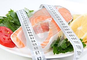 Diet weight loss concept. Fresh salmon steak