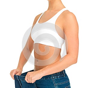 Diet, weightloss and woman holding jeans with thin waist, cropped and  on white background. Fitness, health and