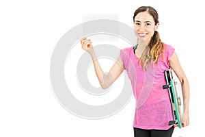 Diet woman holding a board with copy space
