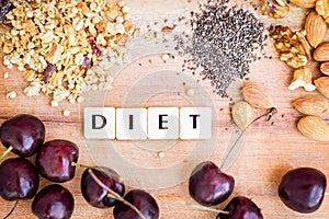 Diet word in tiles next to cherries, nuts, and seeds