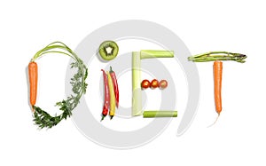 Diet written with vegetables in healthy nutrition concept