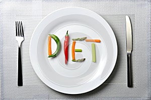 Diet written with vegetables in healthy nutrition concept