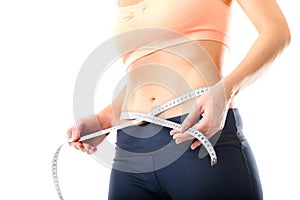 Diet - young woman is measuring her waist