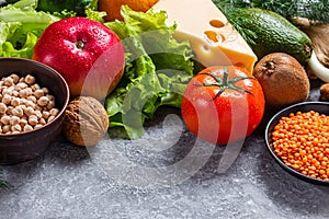 Dietary balance picture with fruits, vegetables and seeds