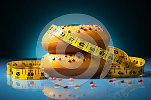 Dietary choice Donut restrained by measuring tape, depicting weight loss intention