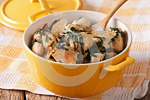 Dietary food: Chicken breast braised with spinach in a saucepan.