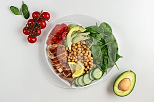 Dietary salad with chicken, avocado, cucumber, tomato and spinach