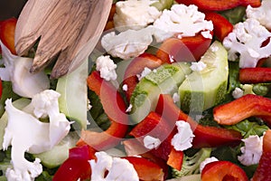 Dietary salad from nutritious vegetables - low-calorie and healthy daily food with wood spoon