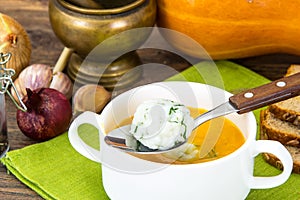 Dietary soup puree with rice, carrots and pumpkin