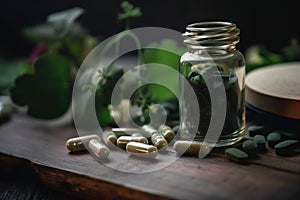 Dietary supplements, lying on the table, bottle, with green herbs in the background. Generative AI