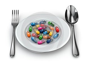 Dietary supplements. Variety pills. Vitamin capsules on plate.