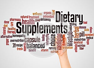 Dietary supplements word cloud and hand with marker concept