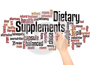 Dietary supplements word cloud and hand writing concept