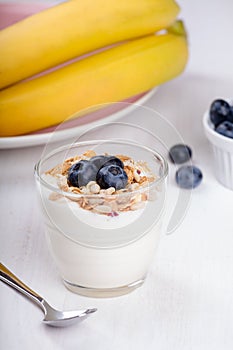 Dietetic breakfast - fruits, yoghurt and muesli