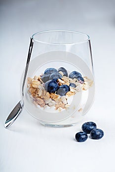 Dietetic breakfast - yoghurt with muesli and huckleberries