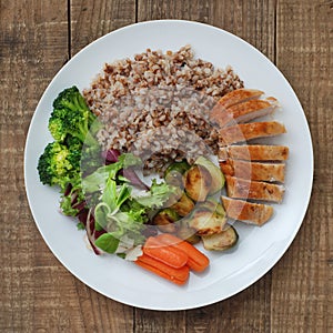 Dietetics Healthy Buckwheat Beef Meat Breast Chicken Chicken Salad Cabbage Brussels Carrots Rustic Wood Background