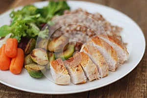 Dietetics Healthy Buckwheat Beef Meat Breast Chicken Chicken Salad Cabbage Brussels Carrots Rustic Wood Background