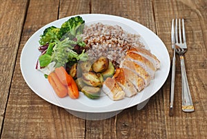 Dietetics Healthy Buckwheat Beef Meat Breast Chicken Chicken Salad Cabbage Brussels Carrots Rustic Wood Background