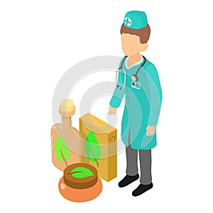 Dietetics icon isometric vector. Faceless man doctor near organic food product