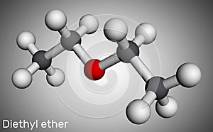 Diethyl ether, ethyl ether molecule. It is an ether in which the oxygen atom is linked to two ethyl groups. Molecular model. 3D